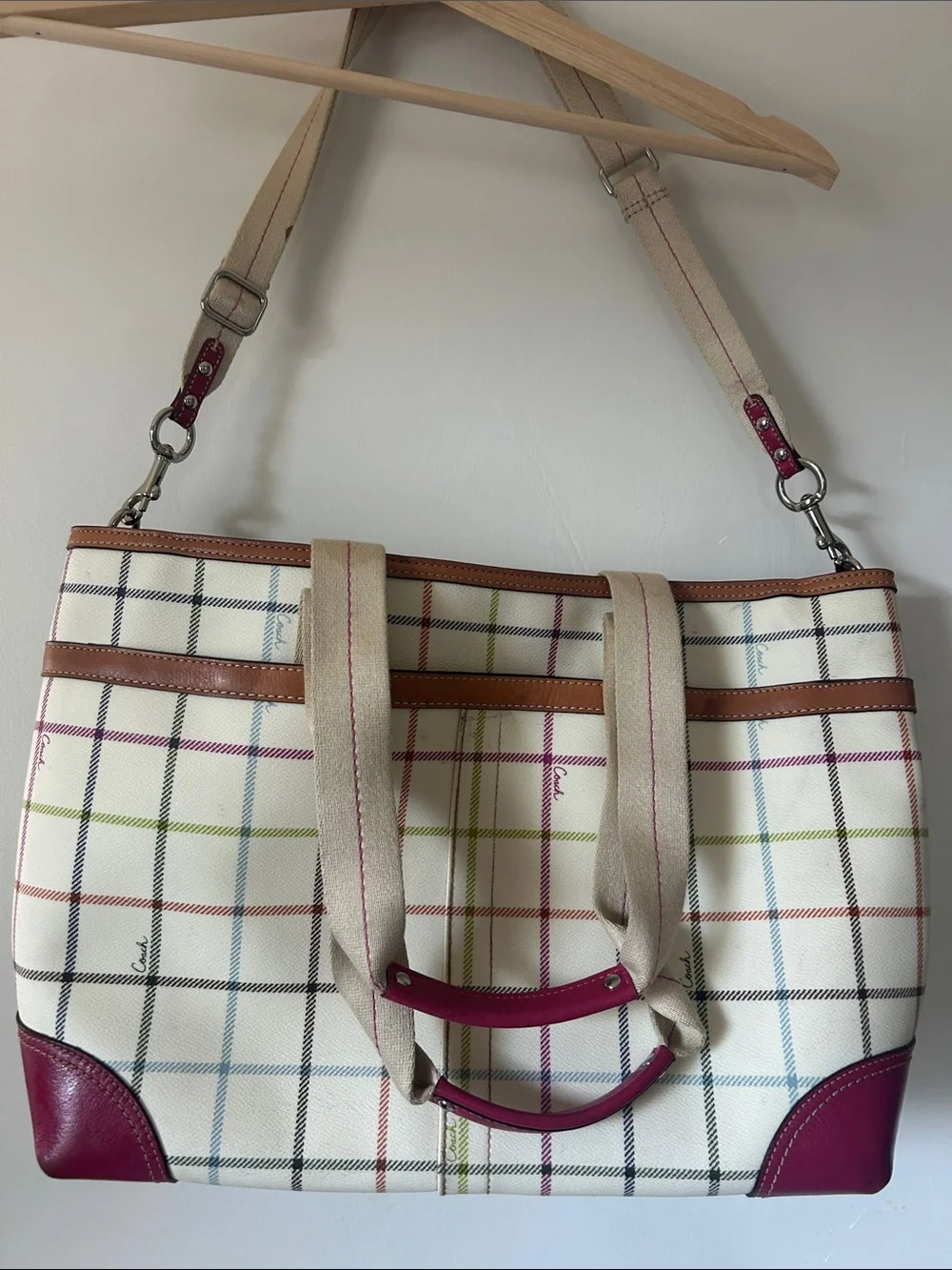 Coach Heritage Tattersall Cream Plaid Tote with Magenta Center Stripe